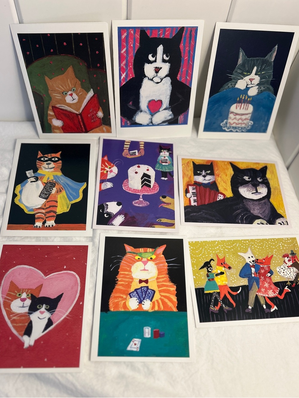 Vintage cat art cards Anne Davis made in Vermont colorful cat dog prints LOT